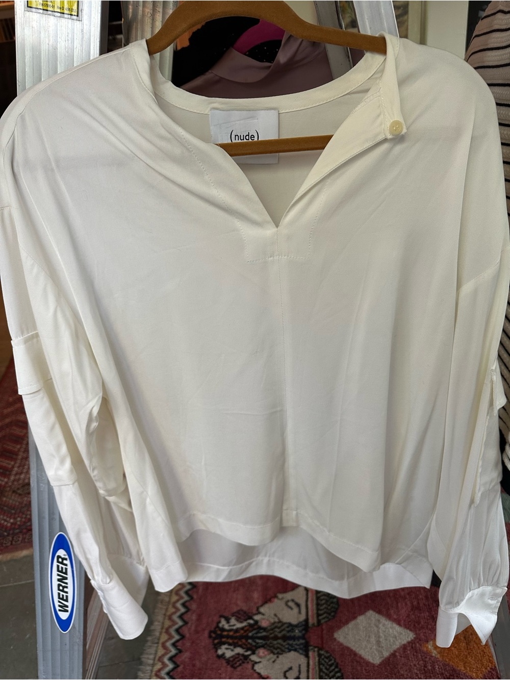 NUDE Ivory Split-Neck Long Sleeve Blouse